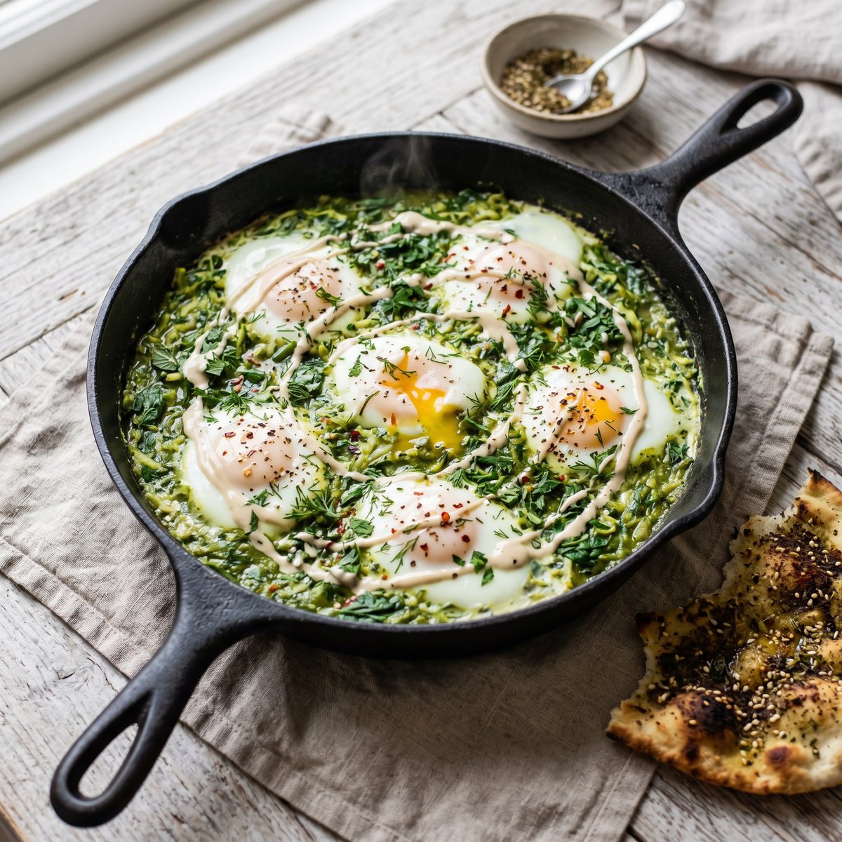 Green Shakshuka with Herbs and Tahini