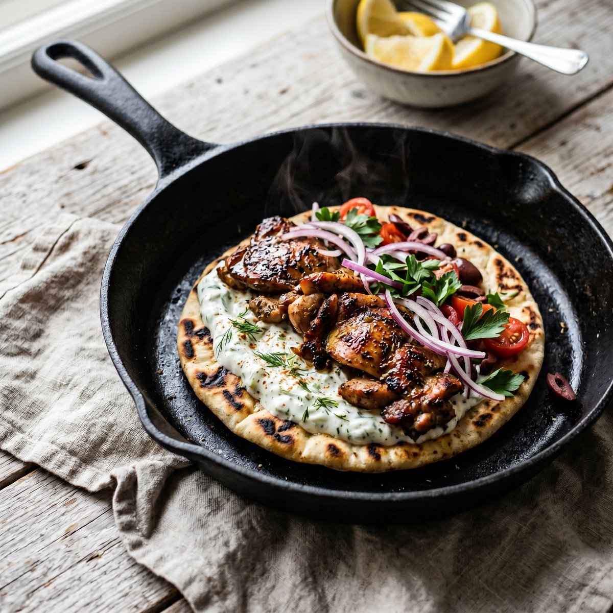 Chicken Gyros in a Frying Pan with Tzatziki