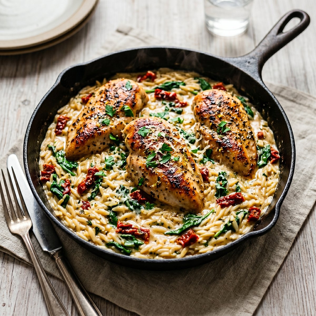 Chicken with Sun-Dried Tomatoes, Spinach, and Orzo