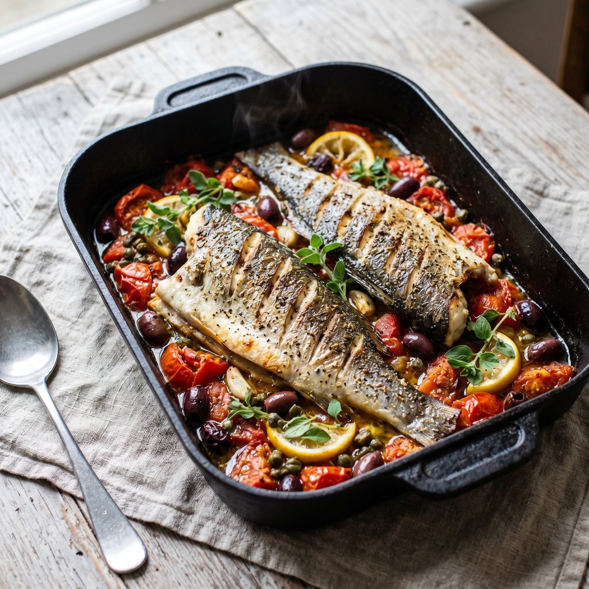 Greek-Style Baked Sea Bass with Tomatoes
