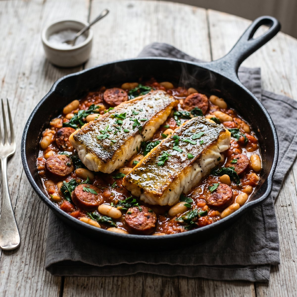 Hake with Chorizo and White Beans