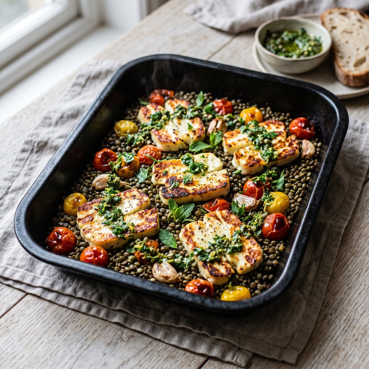 Halloumi and Puy Lentil Traybake with Salsa Verde