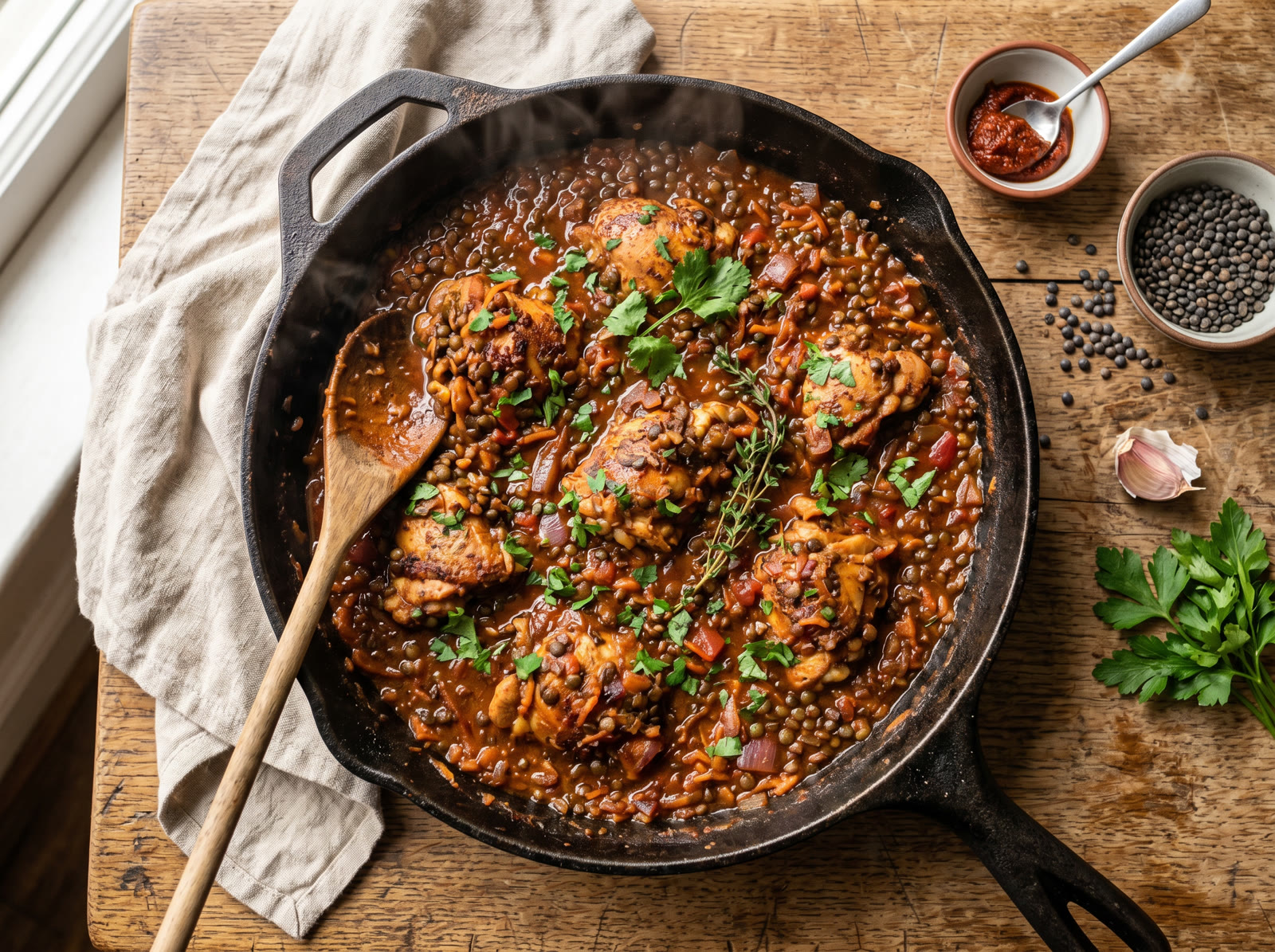 Harissa Chicken Thighs with Puy Lentils