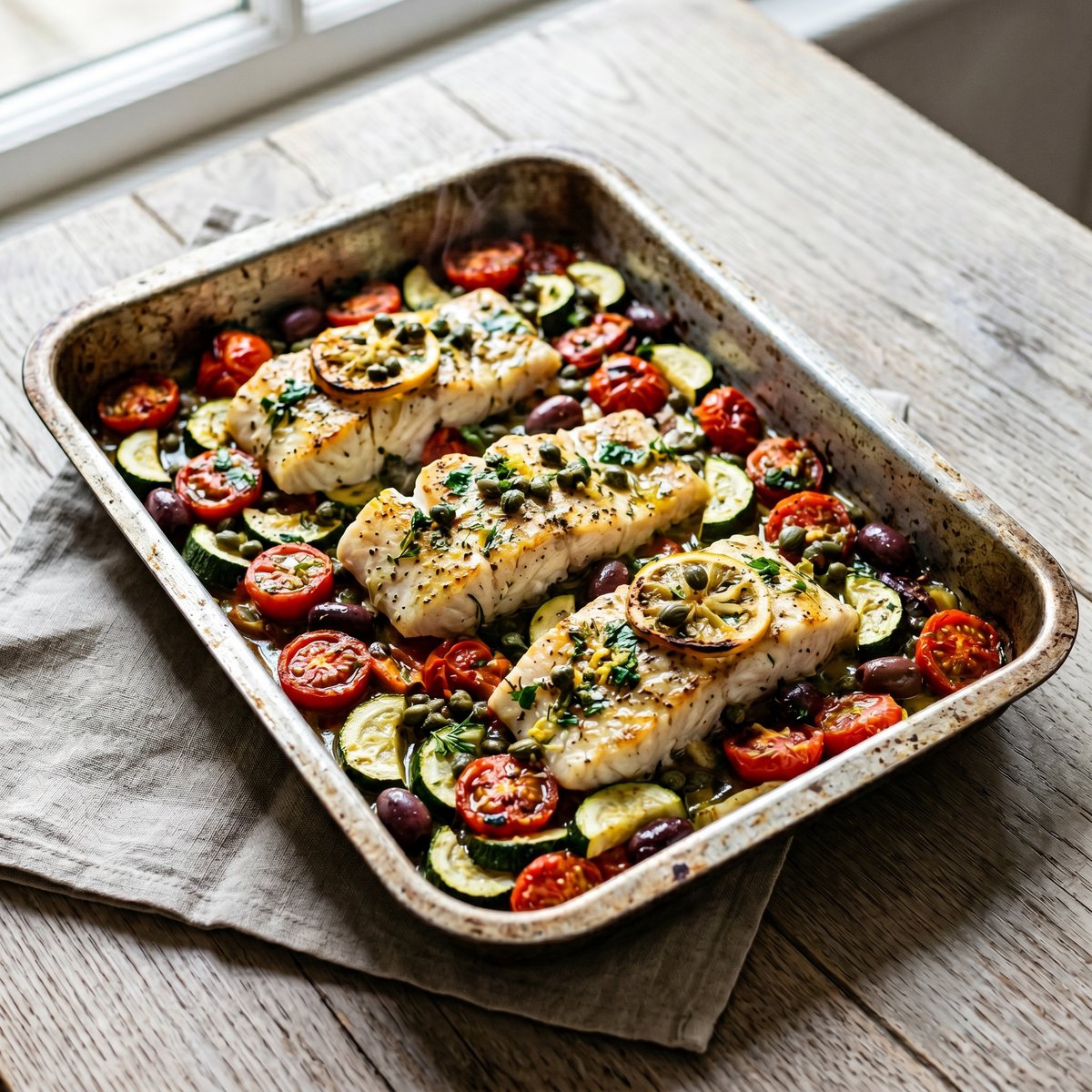 Lemon and Caper Cod Tray Bake