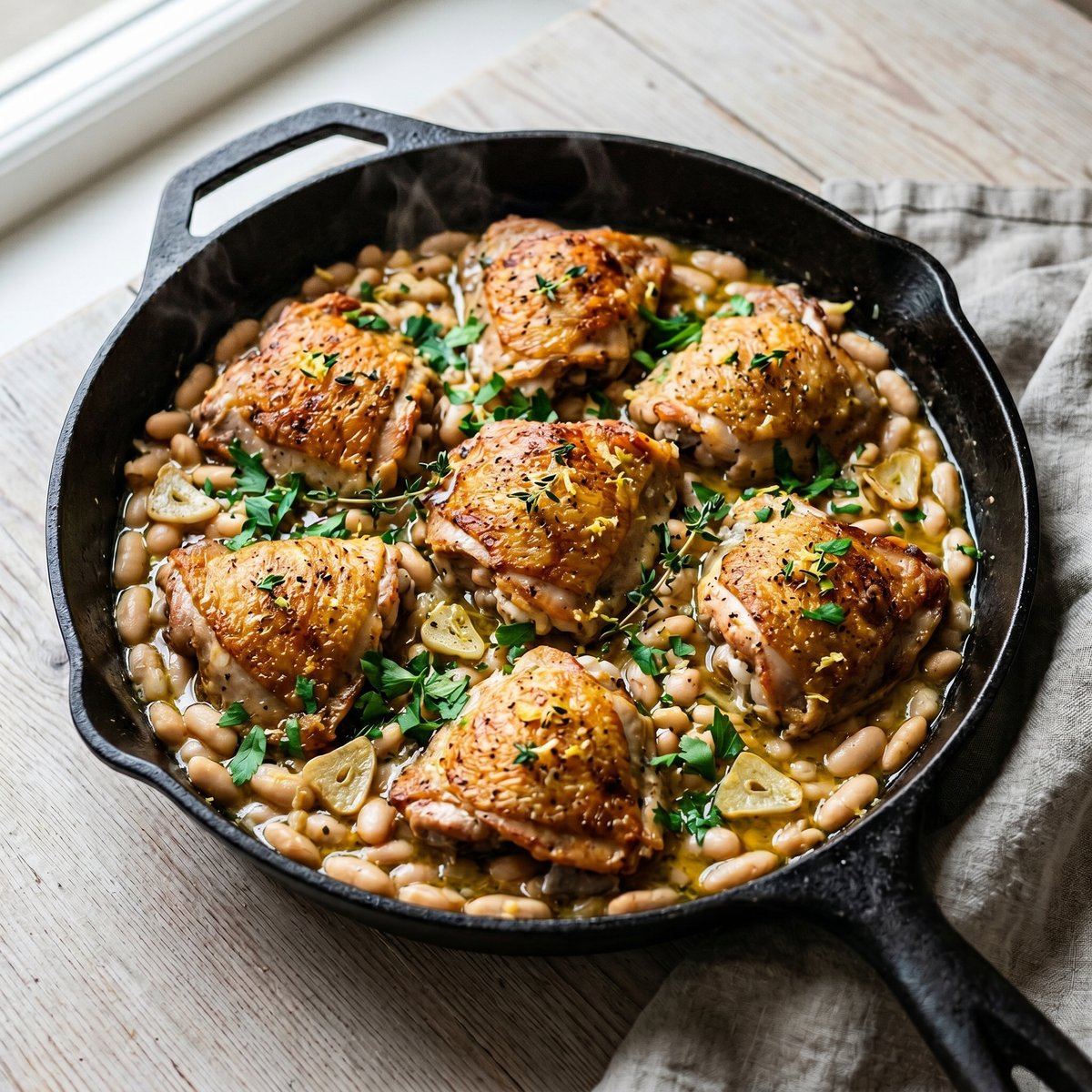 Lemon Garlic Chicken Thighs with Cannellini Beans