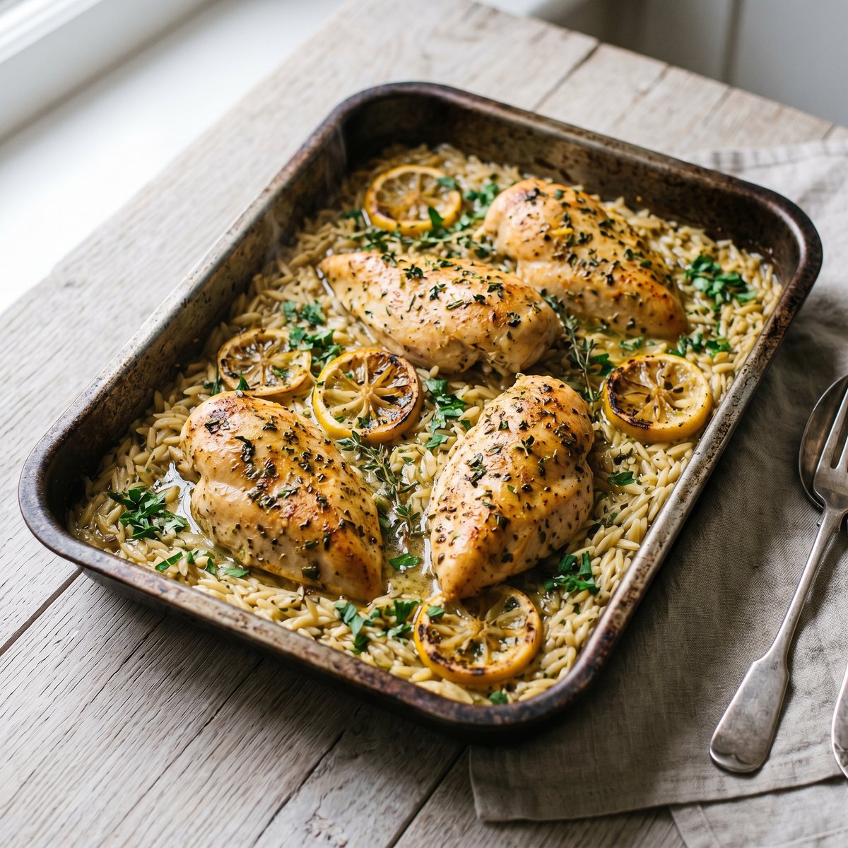 Lemon and Herb Chicken Breast Tray Bake with Orzo