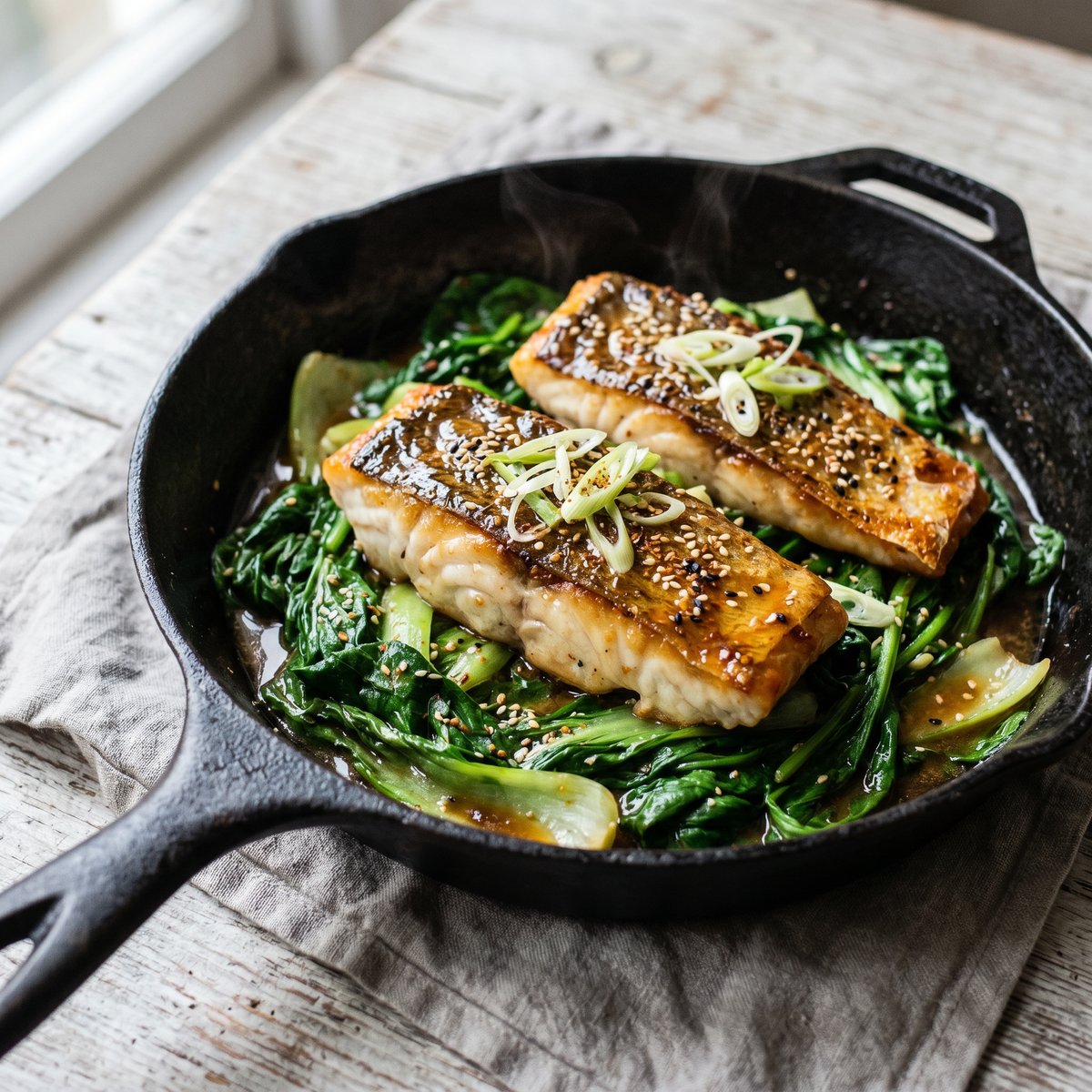 Miso Butter Hake with Wilted Greens