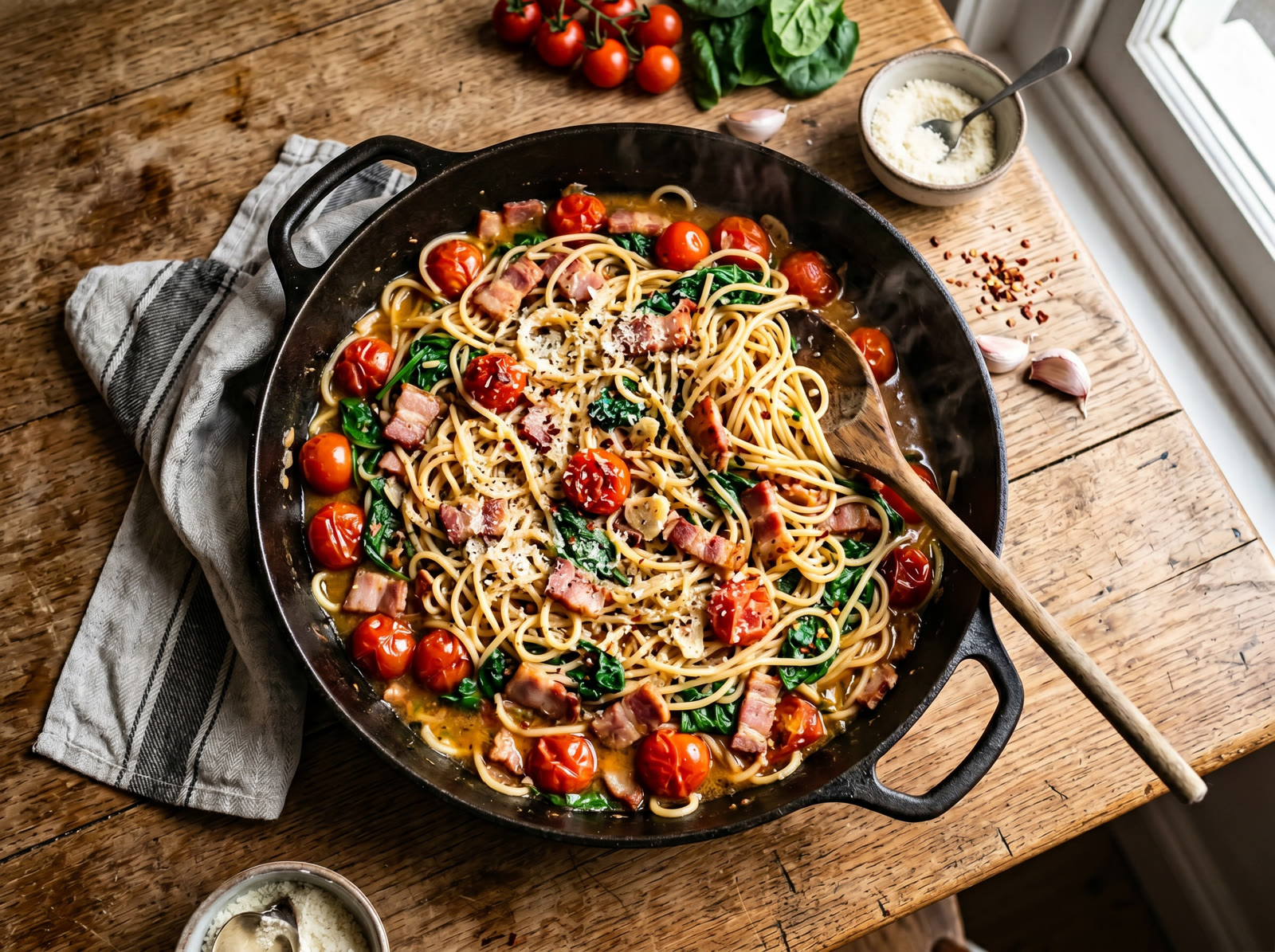 One-Pan Bacon, Spinach & Tomato Spaghetti