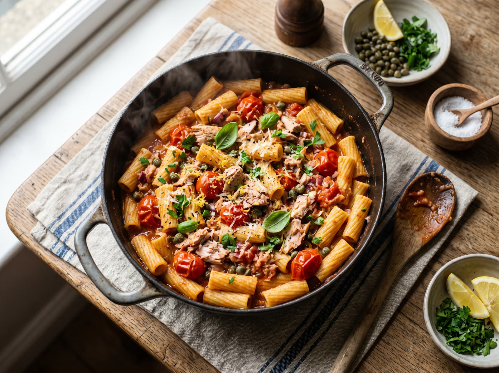 One-Pan Lemony Tuna, Tomato & Caper Pasta
