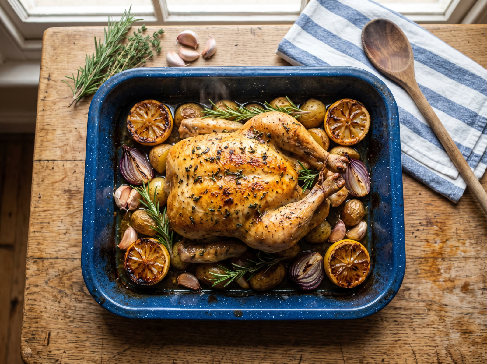 One-Tin Roast Chicken with Lemony Potatoes & Gravy