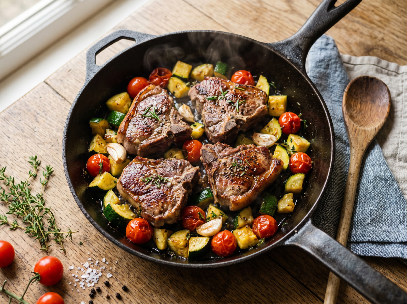 Pan-Fried Lamb Chops with Courgette & Cherry Tomatoes