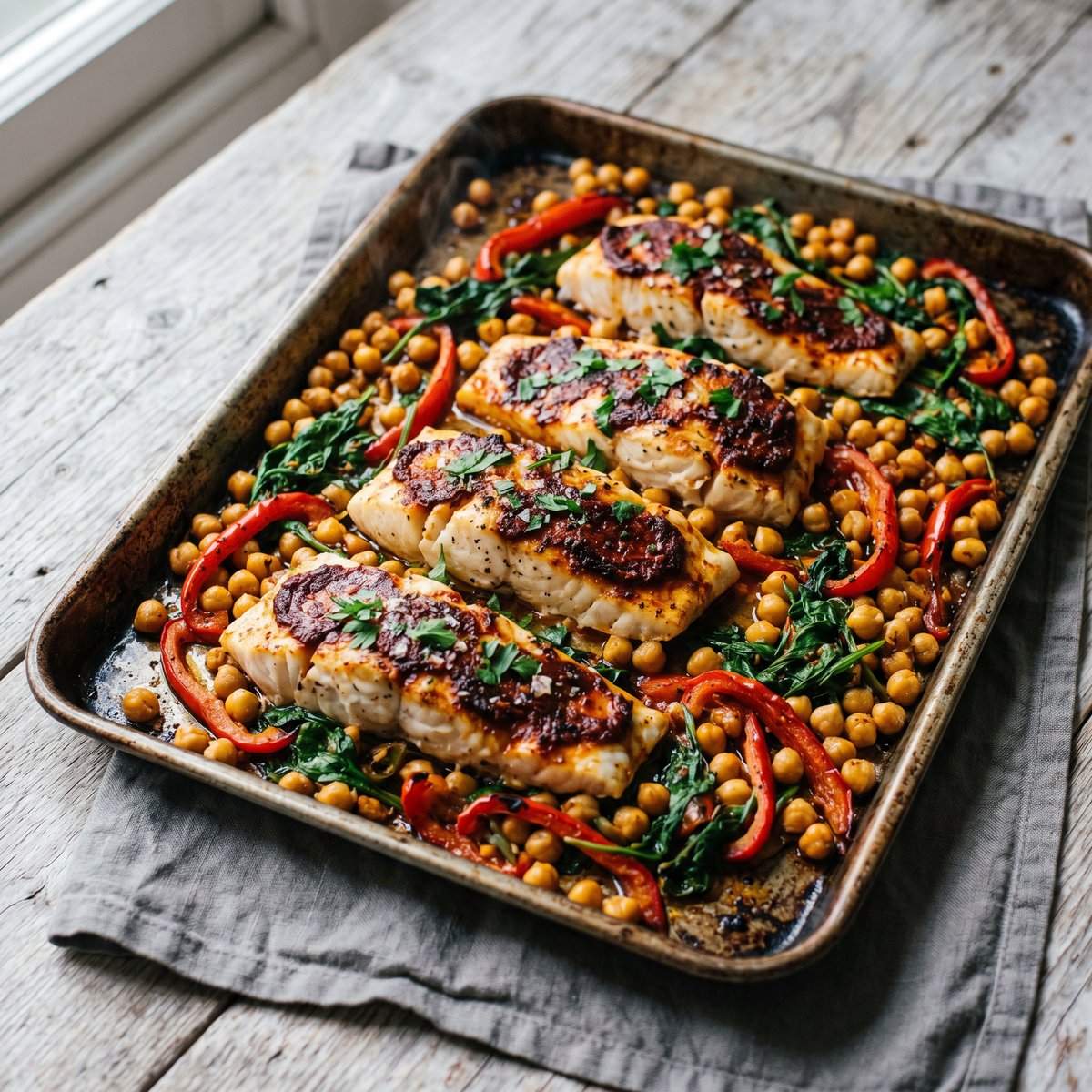 Harissa Pollock with Chickpeas and Peppers