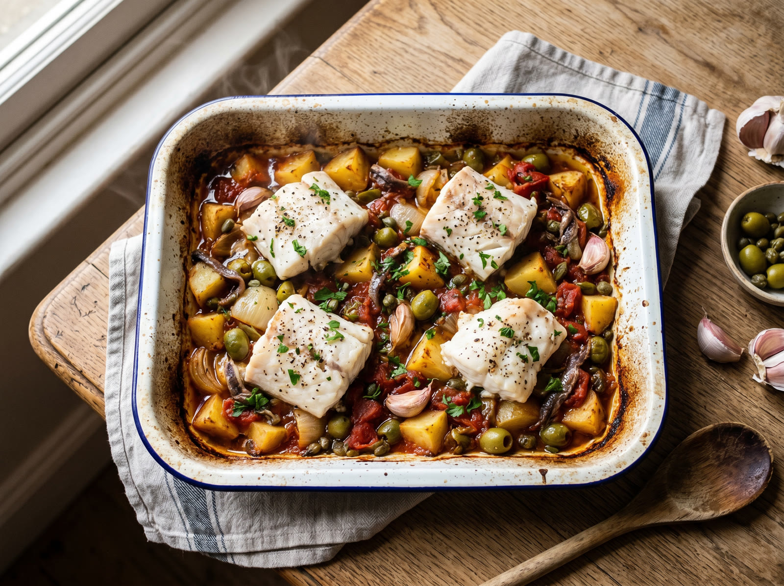 Puttanesca Hake Traybake