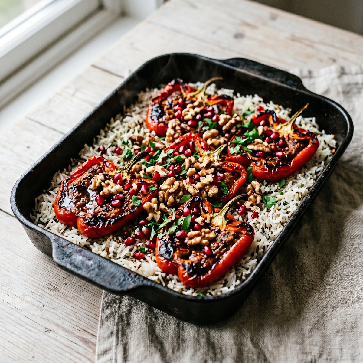 Muhammara-Spiced Roasted Peppers with Rice