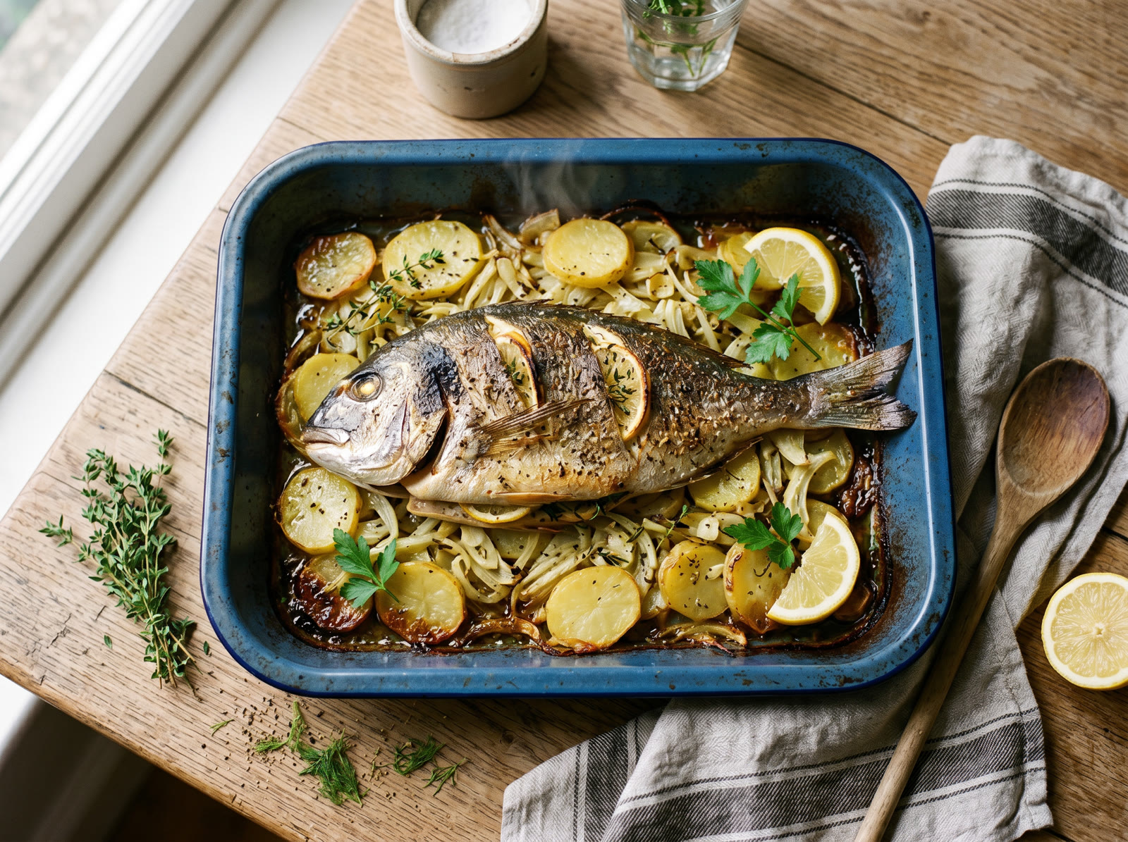 Roasted Sea Bream with Fennel, Potatoes & White Wine