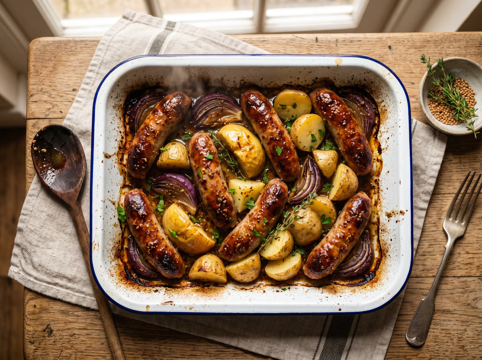 Sausage, Apple & Red Onion Tray Bake
