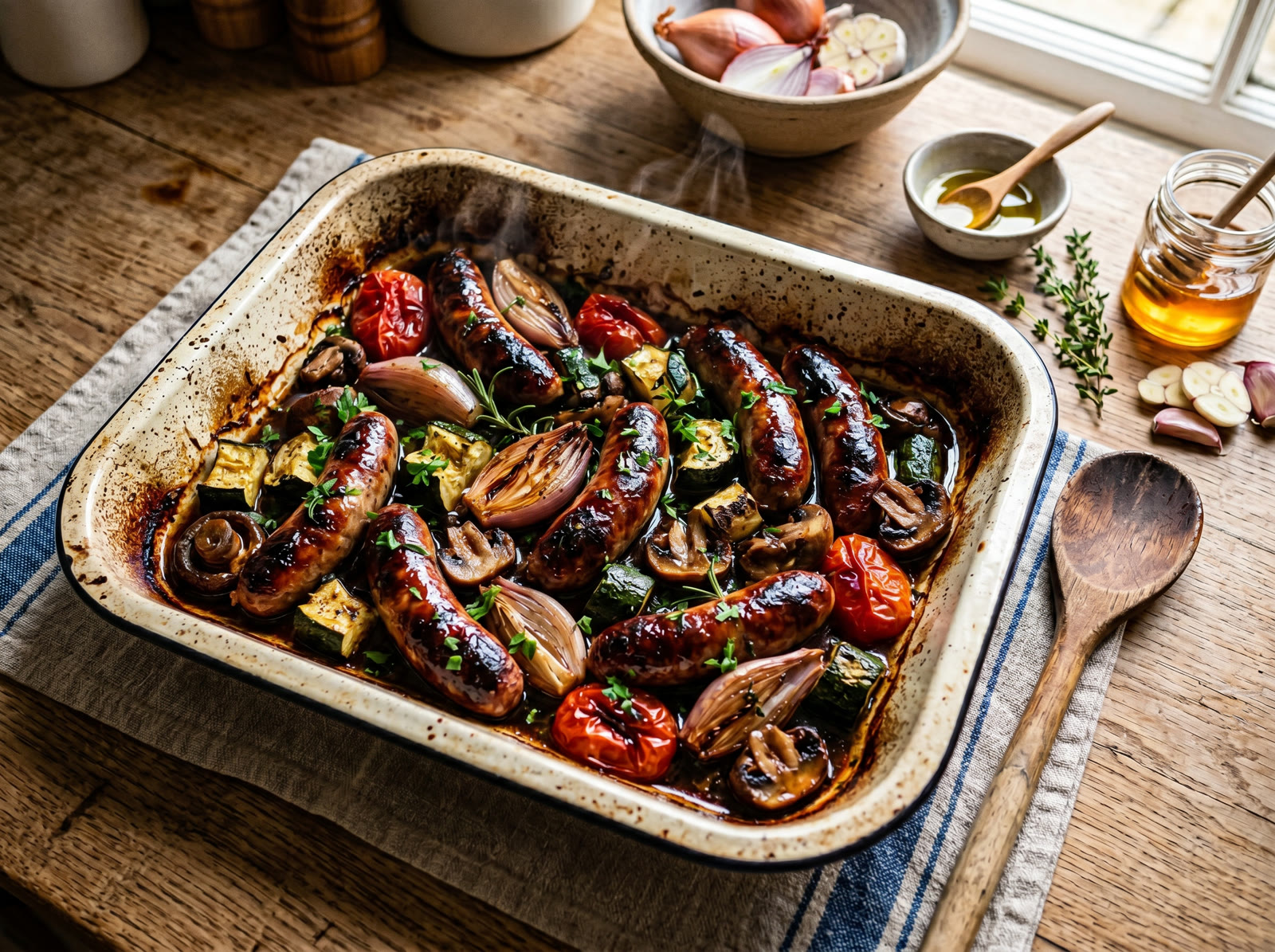 Sausage Tray-roast with Balsamic Honey Glaze