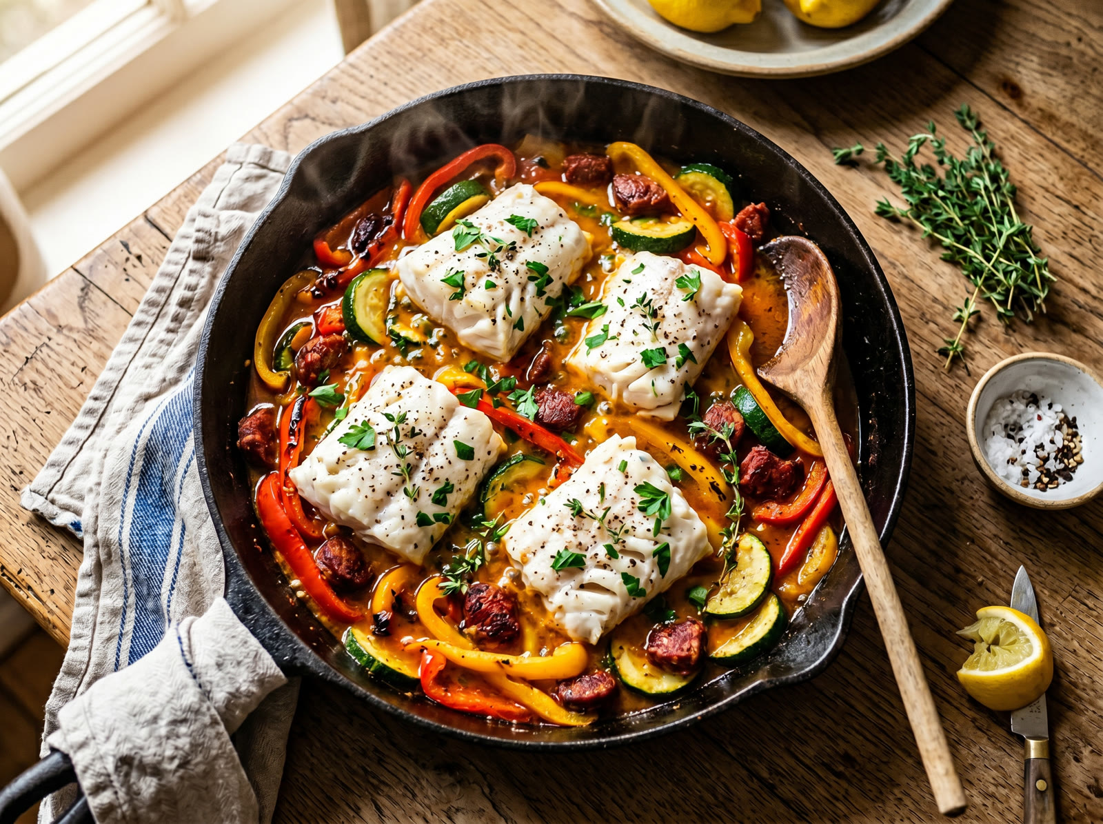 Spanish Hake with Chorizo, Peppers & Courgette