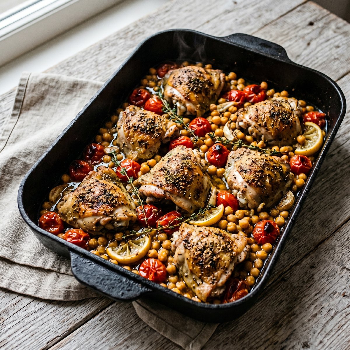 Za'atar Chicken Thighs with Cherry Tomatoes and Chickpeas